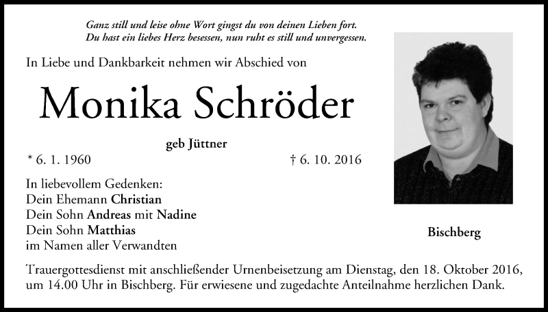 Traueranzeige für Monika Schröder vom 15.10.2016 aus MGO