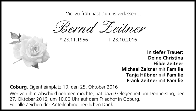  Traueranzeige für Bernd Zeitner vom 25.10.2016 aus MGO