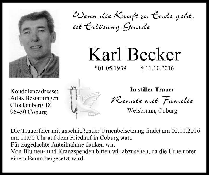  Traueranzeige für Karl Becker vom 29.10.2016 aus MGO