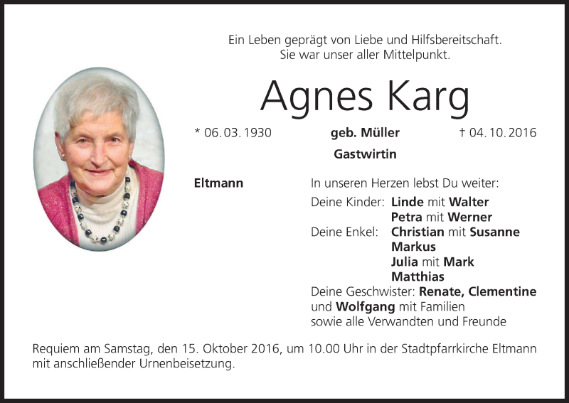  Traueranzeige für Agnes Karg vom 12.10.2016 aus MGO