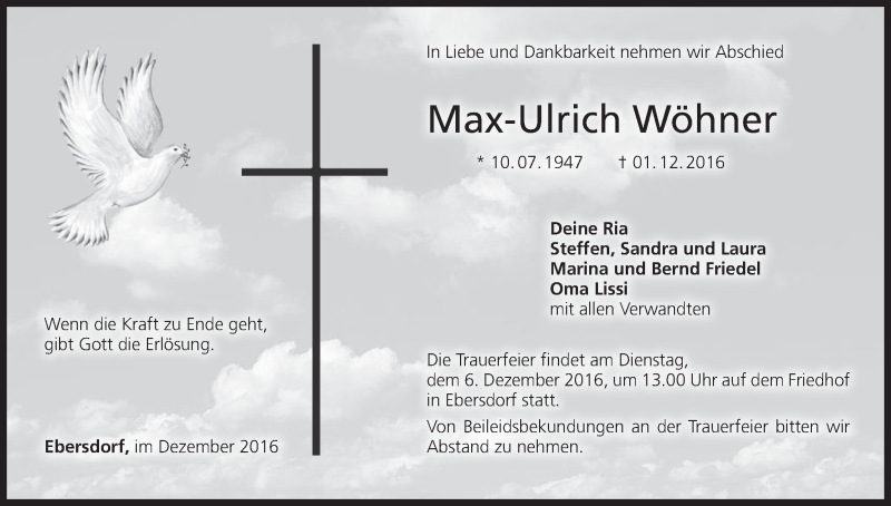  Traueranzeige für Max-Ulrich Wöhner vom 03.12.2016 aus MGO