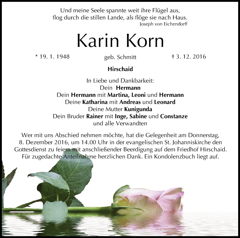  Traueranzeige für Karin Korn vom 05.12.2016 aus MGO