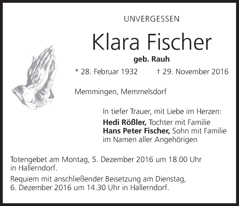  Traueranzeige für Klara Fischer vom 03.12.2016 aus MGO