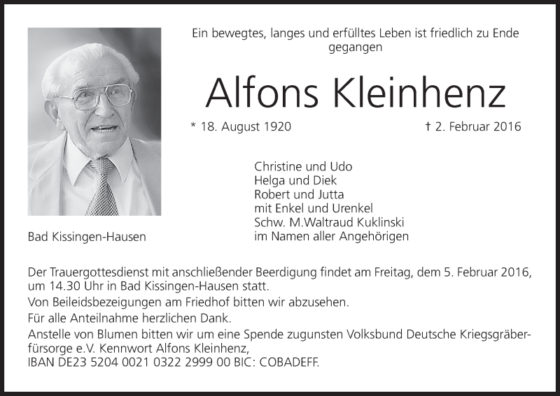  Traueranzeige für Alfons Kleinhenz vom 03.02.2016 aus MGO