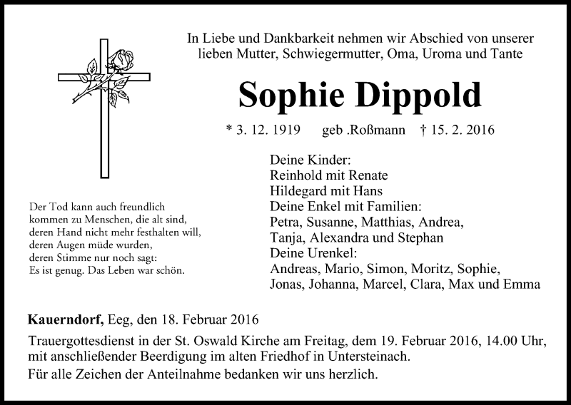 Sophie Dippold Traueranzeige Trauer InFranken De