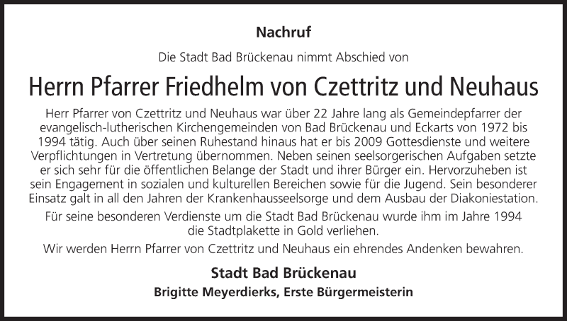  Traueranzeige für Friedhelm von Czettritz und Neuhaus vom 24.02.2016 aus MGO