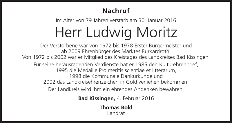  Traueranzeige für Ludwig Moritz vom 04.02.2016 aus MGO