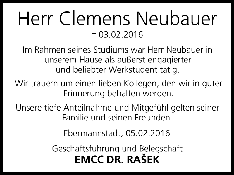  Traueranzeige für Clemens Neubauer vom 06.02.2016 aus MGO