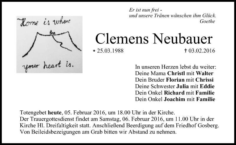  Traueranzeige für Clemens Neubauer vom 05.02.2016 aus MGO
