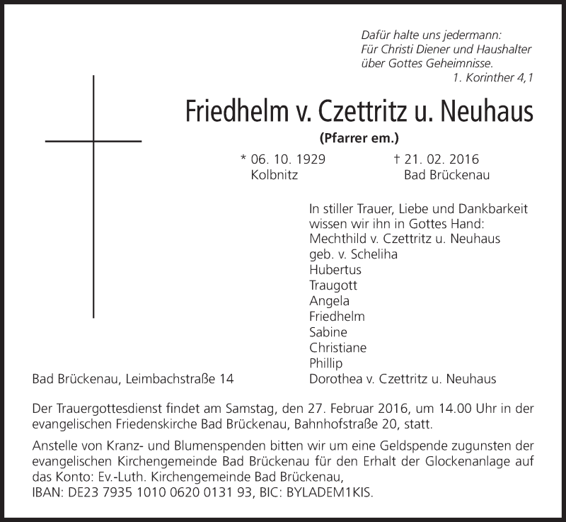  Traueranzeige für Friedhelm von Czettritz und Neuhaus vom 24.02.2016 aus MGO