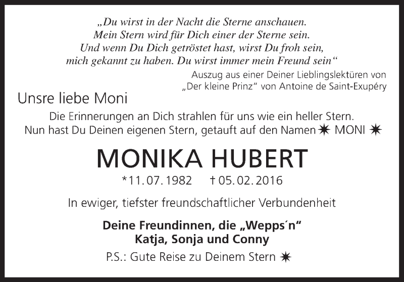  Traueranzeige für Monika Hubert vom 18.02.2016 aus MGO