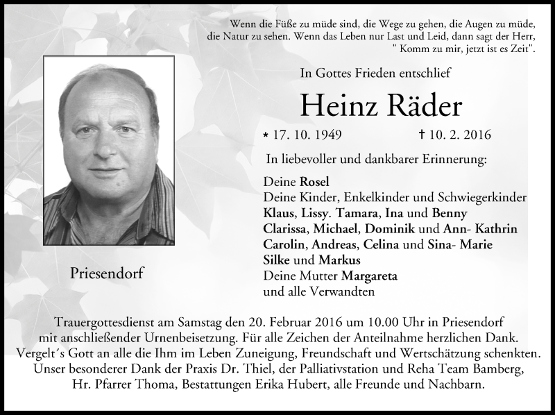  Traueranzeige für Heinz Räder vom 17.02.2016 aus MGO