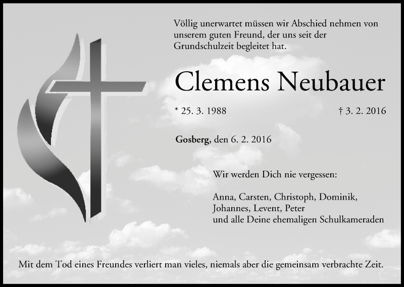  Traueranzeige für Clemens Neubauer vom 06.02.2016 aus MGO