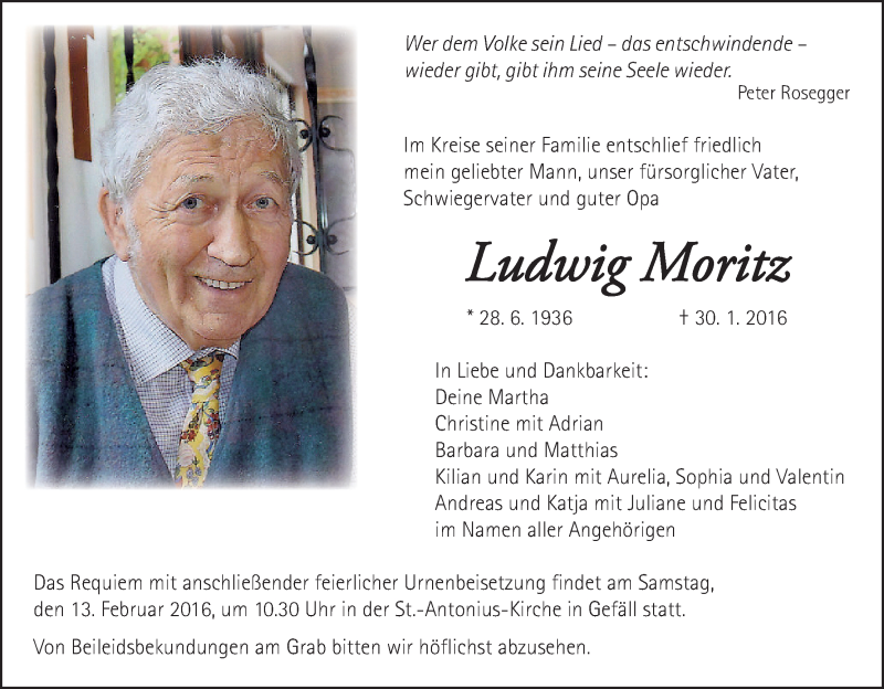  Traueranzeige für Ludwig Moritz vom 03.02.2016 aus MGO