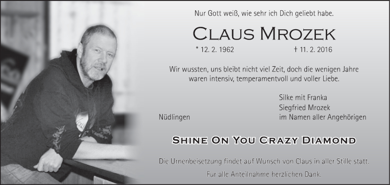  Traueranzeige für Claus Mrozek vom 13.02.2016 aus MGO