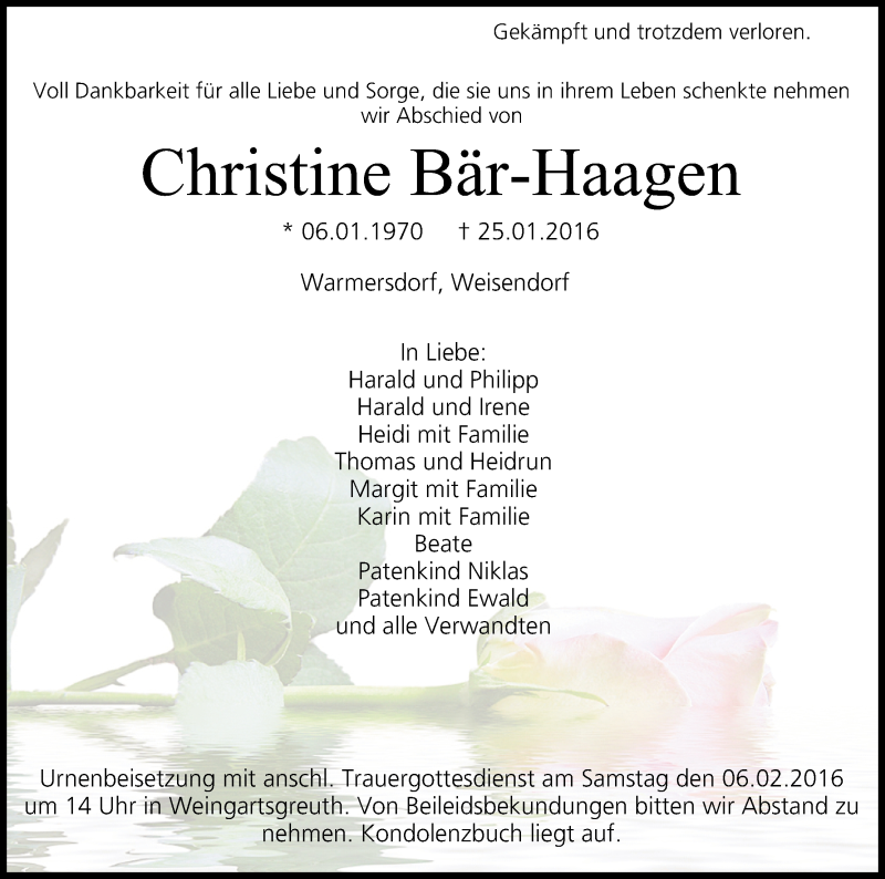  Traueranzeige für Christine Bär-Haagen vom 03.02.2016 aus MGO