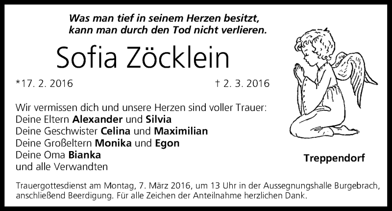  Traueranzeige für Sofia Zöcklein vom 05.03.2016 aus MGO