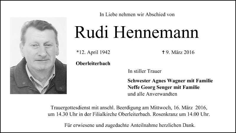  Traueranzeige für Rudi Hennemann vom 12.03.2016 aus MGO