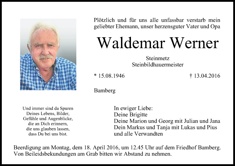  Traueranzeige für Waldemar Werner vom 16.04.2016 aus MGO
