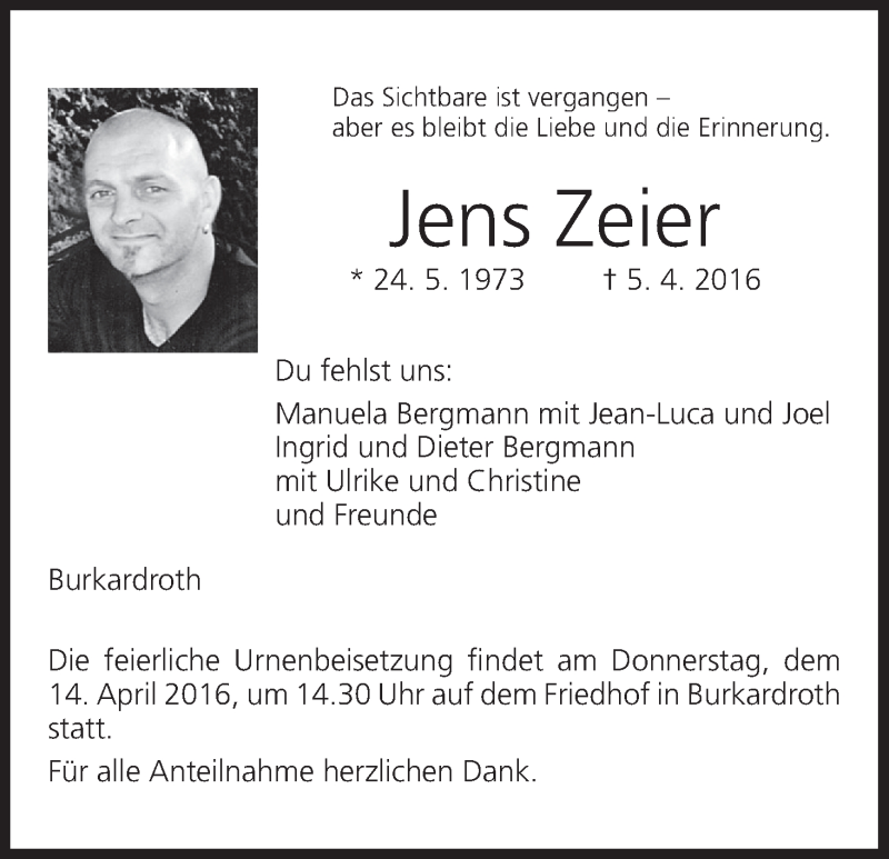  Traueranzeige für Jens Zeier vom 12.04.2016 aus MGO