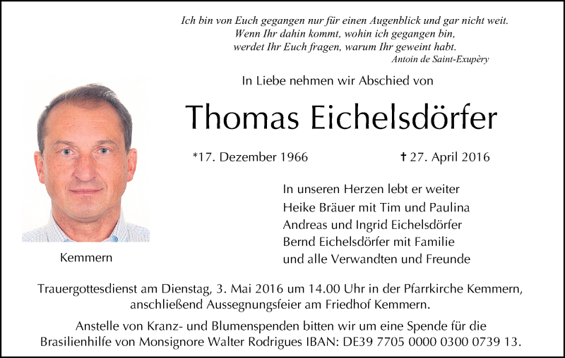  Traueranzeige für Thomas Eichelsdörfer vom 30.04.2016 aus MGO
