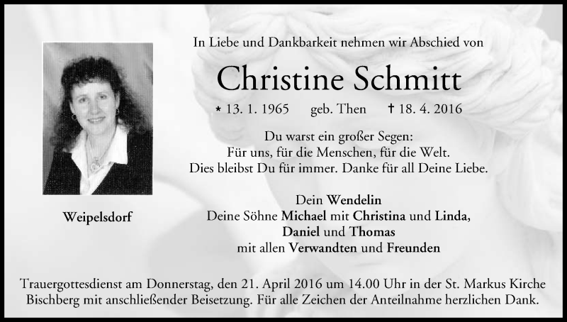  Traueranzeige für Christine Schmitt vom 20.04.2016 aus MGO