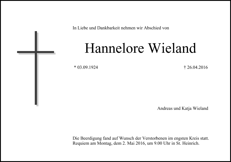  Traueranzeige für Hannelore Wieland vom 30.04.2016 aus MGO
