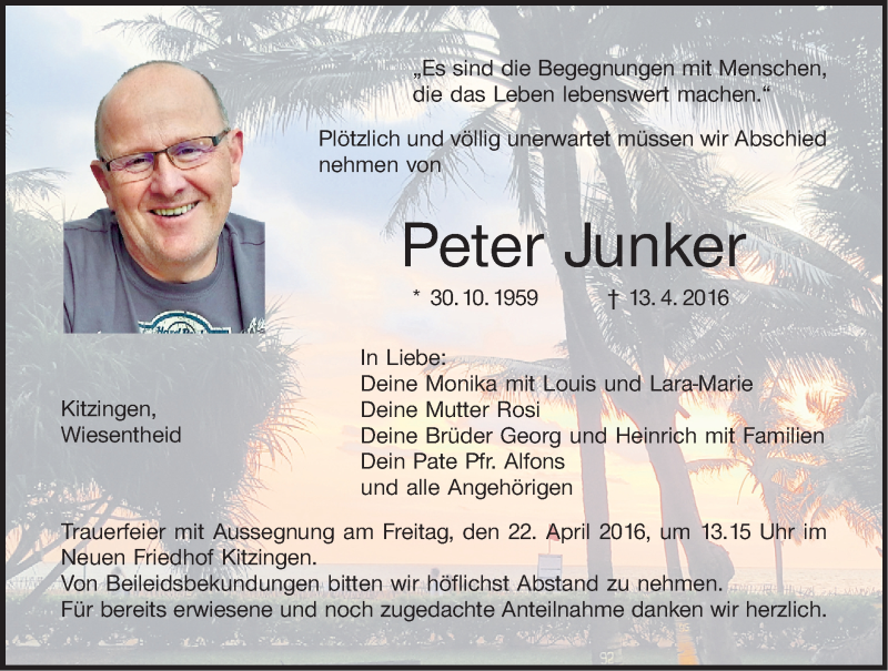  Traueranzeige für Peter Junker vom 16.04.2016 aus MGO