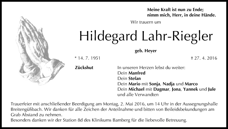  Traueranzeige für Hildegard Lahr-Riegler vom 29.04.2016 aus MGO