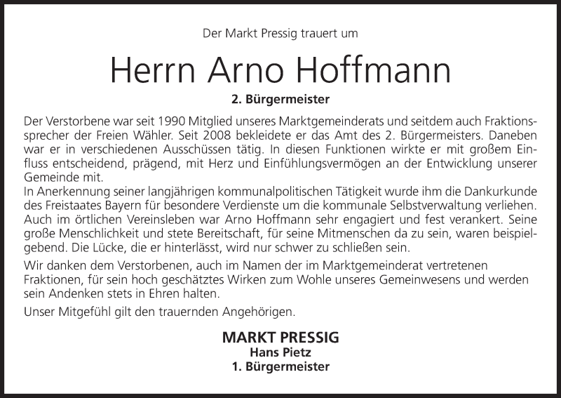  Traueranzeige für Arno Hoffmann vom 04.05.2016 aus MGO