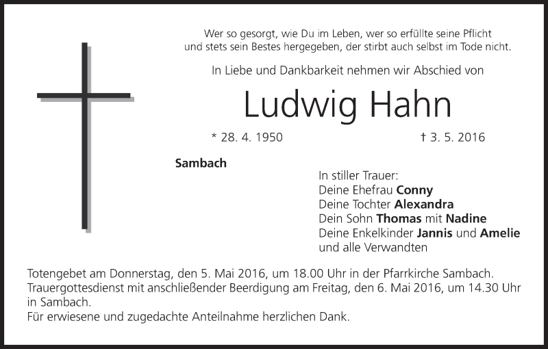  Traueranzeige für Ludwig Hahn vom 04.05.2016 aus MGO