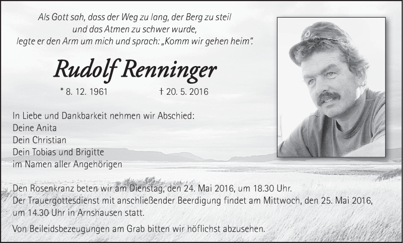  Traueranzeige für Rudolf Rennfinger vom 21.05.2016 aus MGO