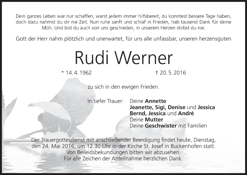  Traueranzeige für Rudi Werner vom 24.05.2016 aus MGO