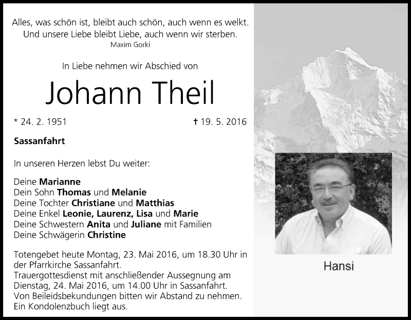  Traueranzeige für Johann Theil vom 23.05.2016 aus MGO