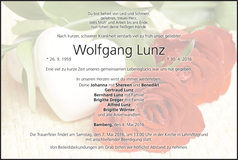  Traueranzeige für Wolfgang Lunz vom 04.05.2016 aus MGO