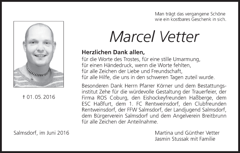  Traueranzeige für Marcel Vetter vom 04.06.2016 aus MGO
