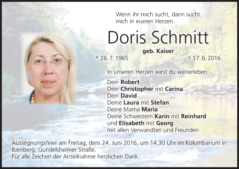  Traueranzeige für Doris Schmitte vom 22.06.2016 aus MGO