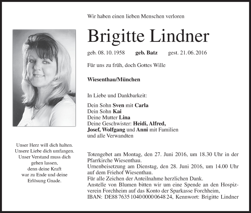  Traueranzeige für Brigitte Lindner vom 25.06.2016 aus MGO