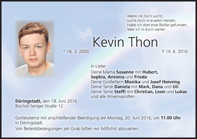  Traueranzeige für Kevin Thon vom 18.06.2016 aus MGO