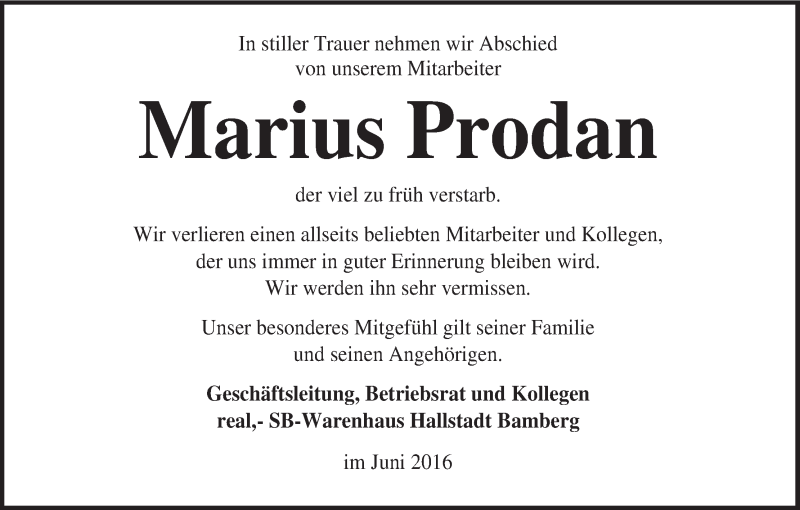  Traueranzeige für Marius Prodan vom 18.06.2016 aus MGO