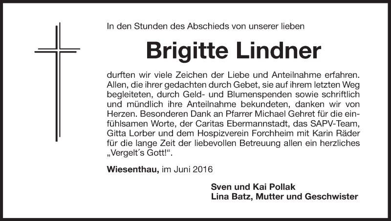  Traueranzeige für Brigitte Lindner vom 09.07.2016 aus MGO