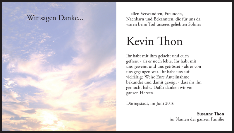  Traueranzeige für Kevin Thon vom 02.07.2016 aus MGO