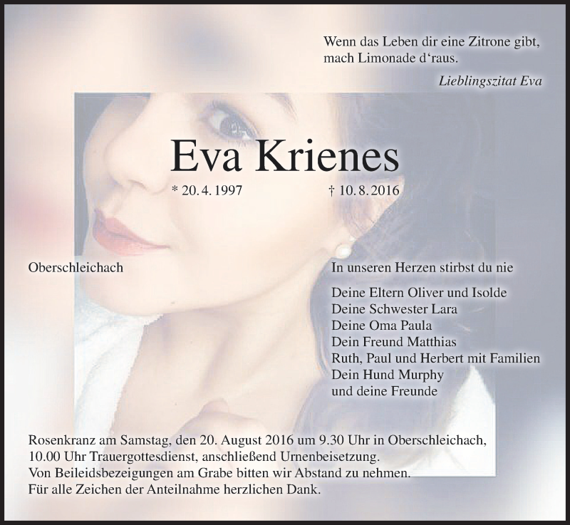  Traueranzeige für Eva Krienes vom 15.08.2016 aus MGO