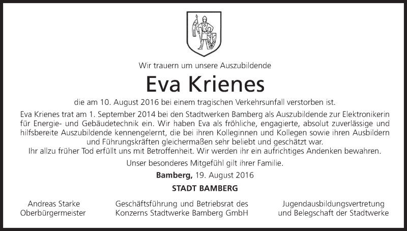  Traueranzeige für Eva Krienes vom 19.08.2016 aus MGO