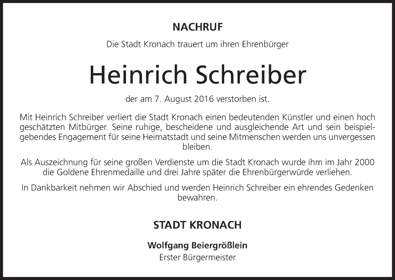  Traueranzeige für Heinrich Schreiber vom 10.08.2016 aus MGO