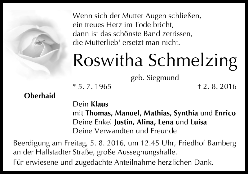  Traueranzeige für Roswitha Schmelzing vom 04.08.2016 aus MGO