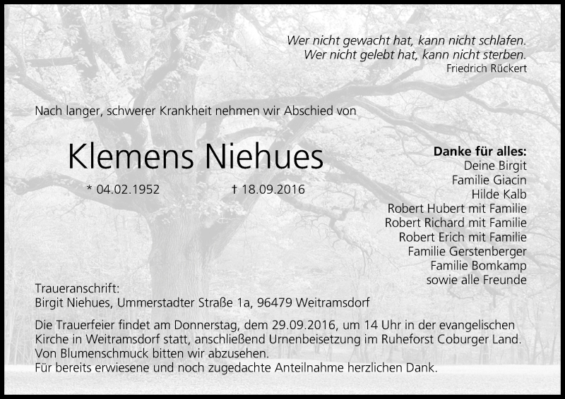 Traueranzeige für Klemens Niehues vom 21.09.2016 aus MGO