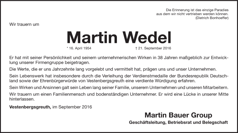  Traueranzeige für Martin Wedel vom 24.09.2016 aus MGO