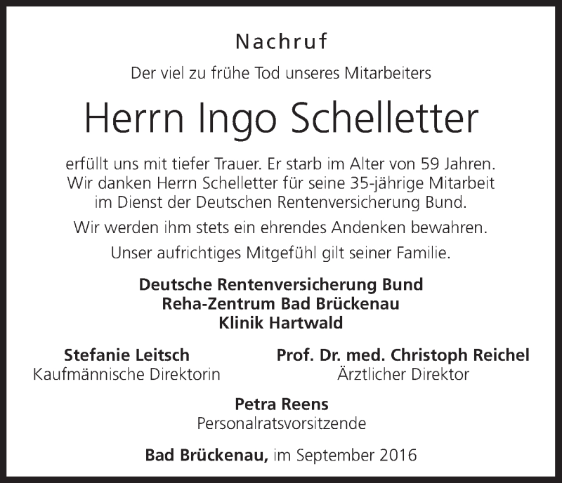  Traueranzeige für Ingo Schelletter vom 27.09.2016 aus MGO