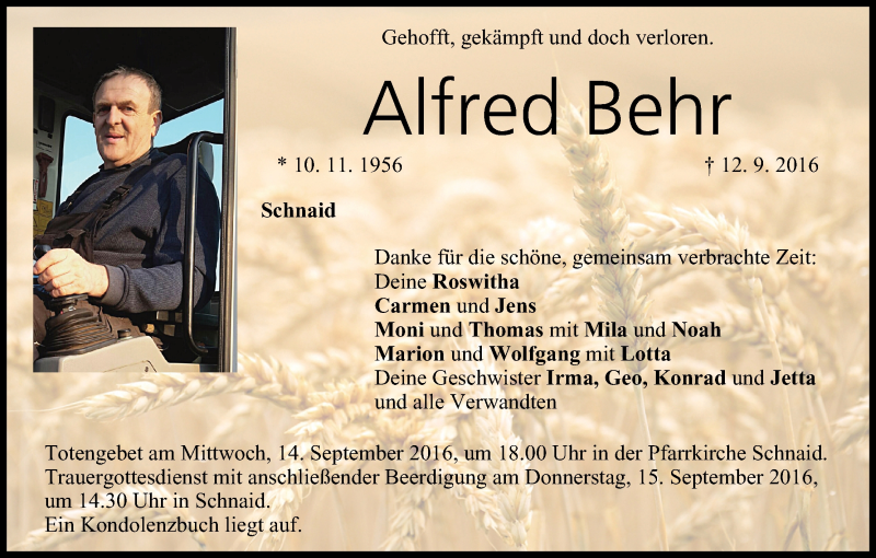  Traueranzeige für Alfred Behr vom 13.09.2016 aus MGO